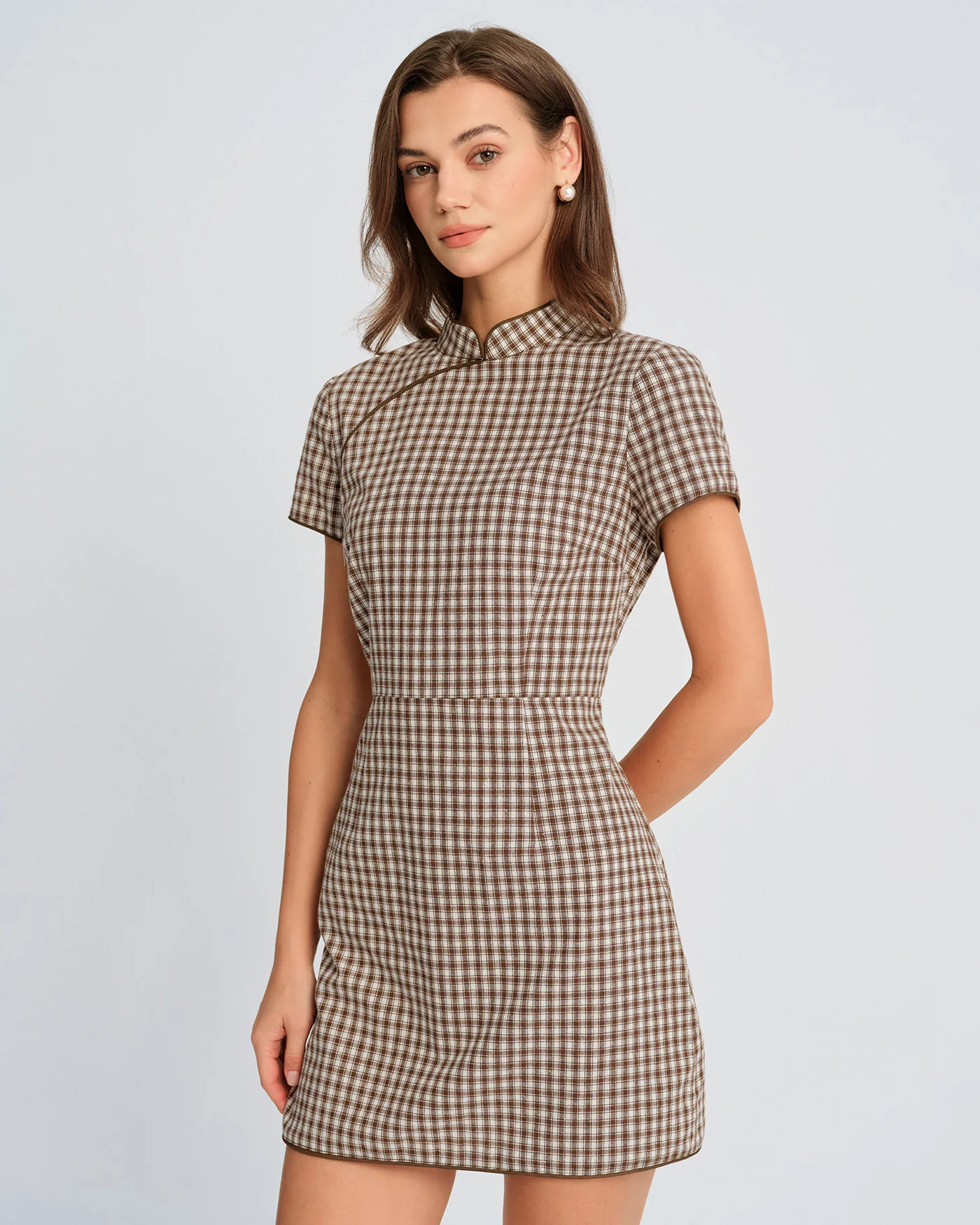 Brown Plaid A-Line Mini Dress - Image 3