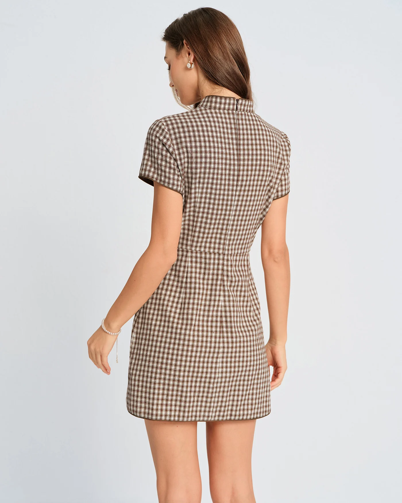 Brown Plaid A-Line Mini Dress - Image 4