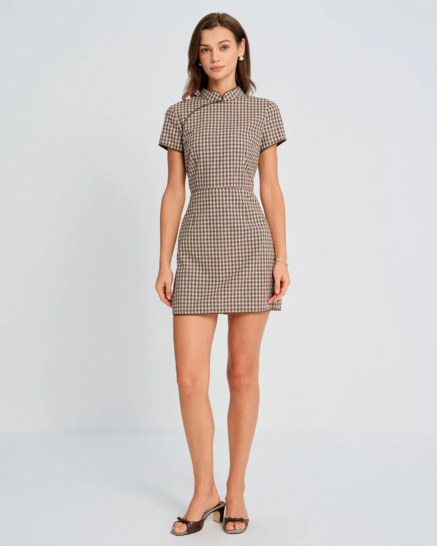 Brown Plaid A-Line Mini Dress - Image 5