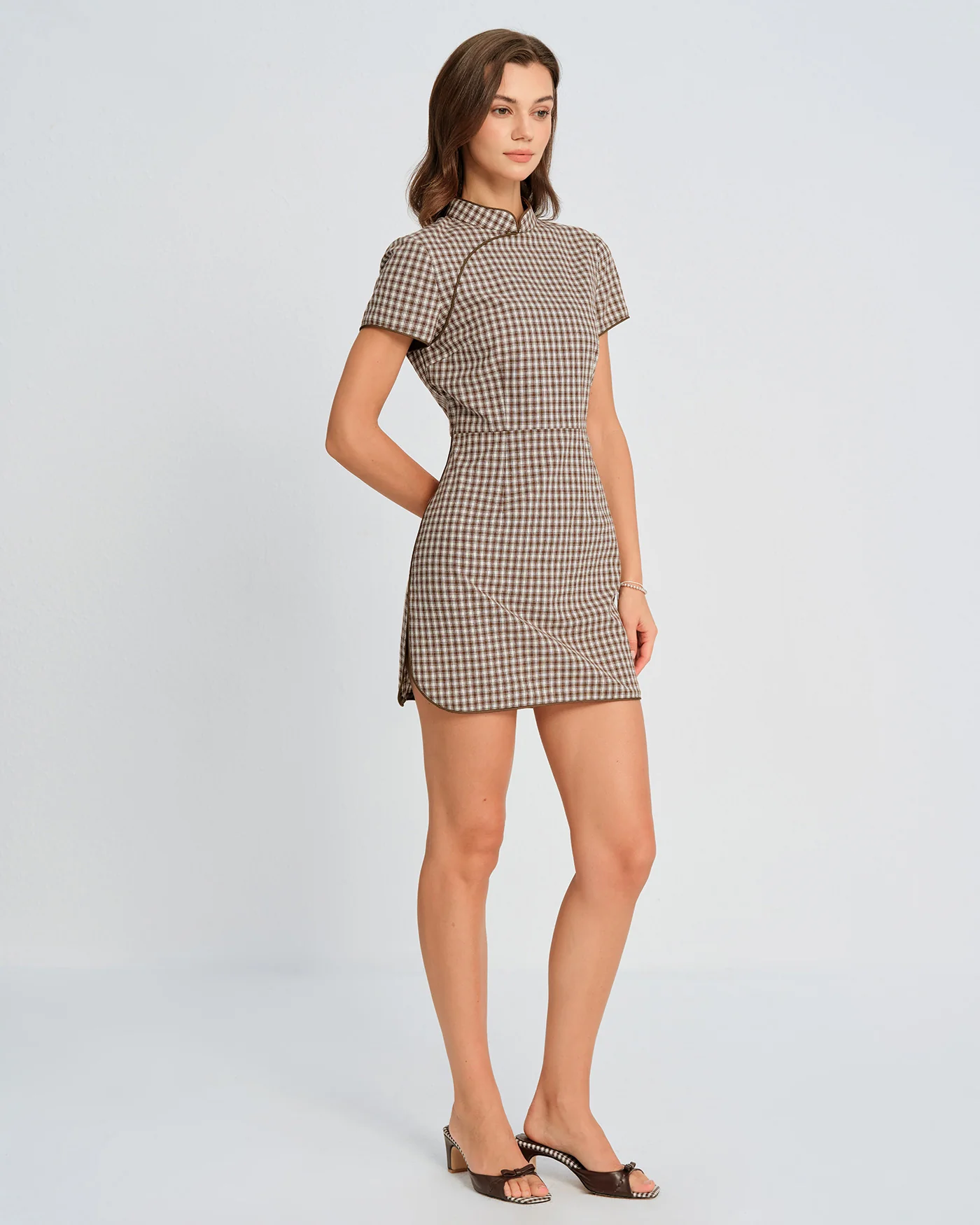 Brown Plaid A-Line Mini Dress - Image 6