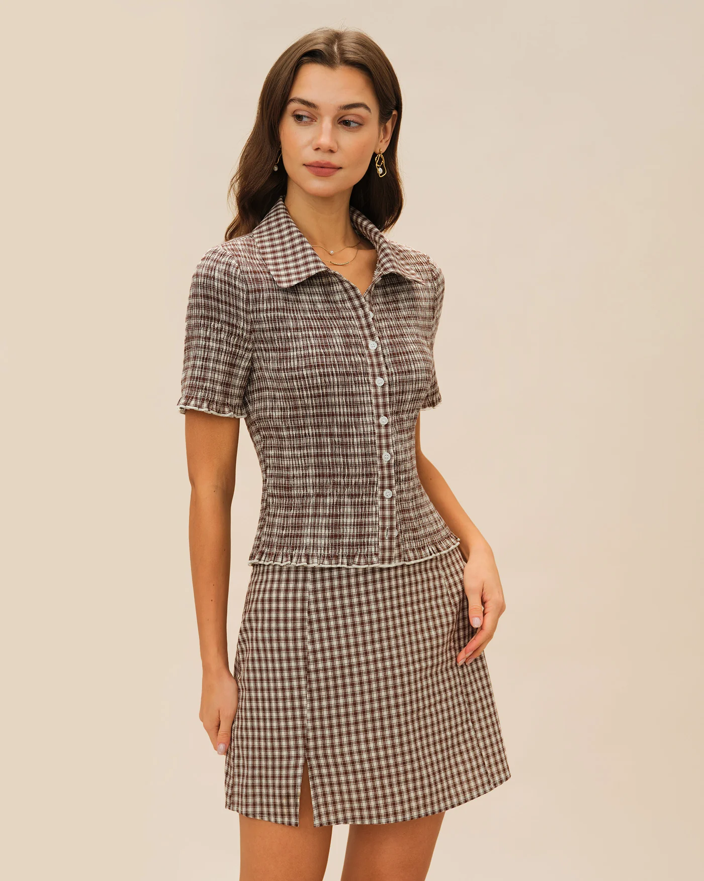 Brown Plaid A-Line Skirt - Image 7