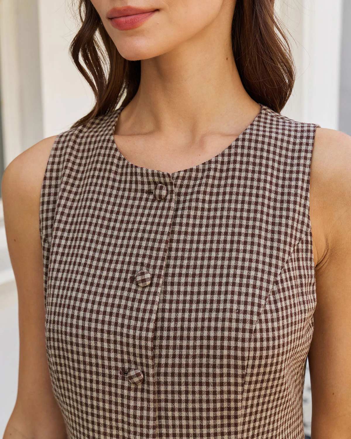 Brown Gingham A-Line Sleeveless Mini Dress - Image 2