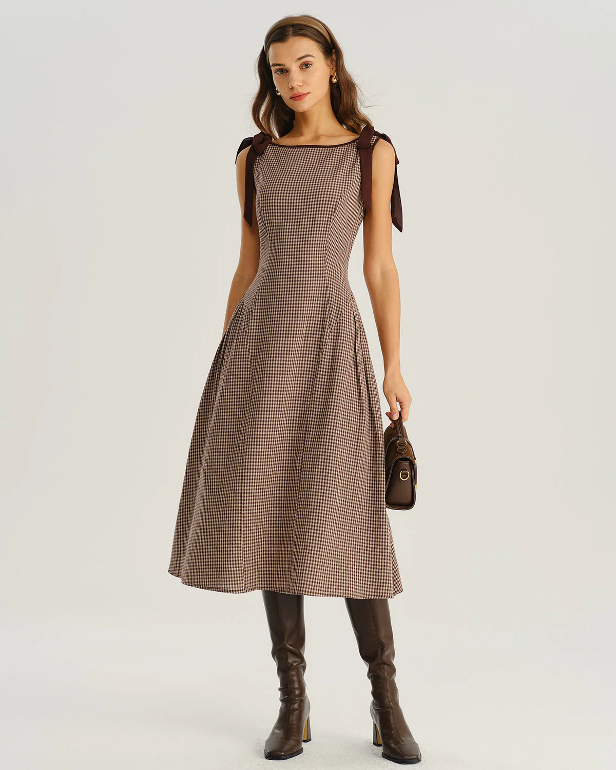 Brown Plaid Boat Neck A-Line Midi Dress - Image 3