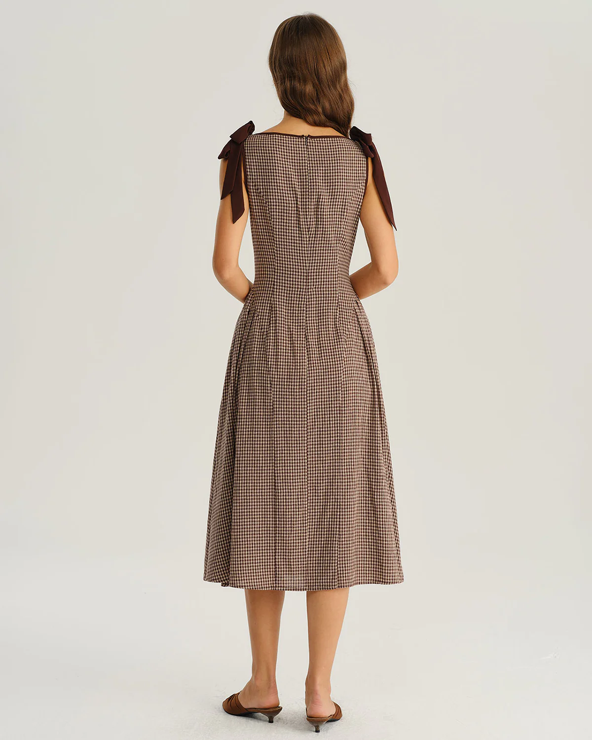 Brown Plaid Boat Neck A-Line Midi Dress - Image 4