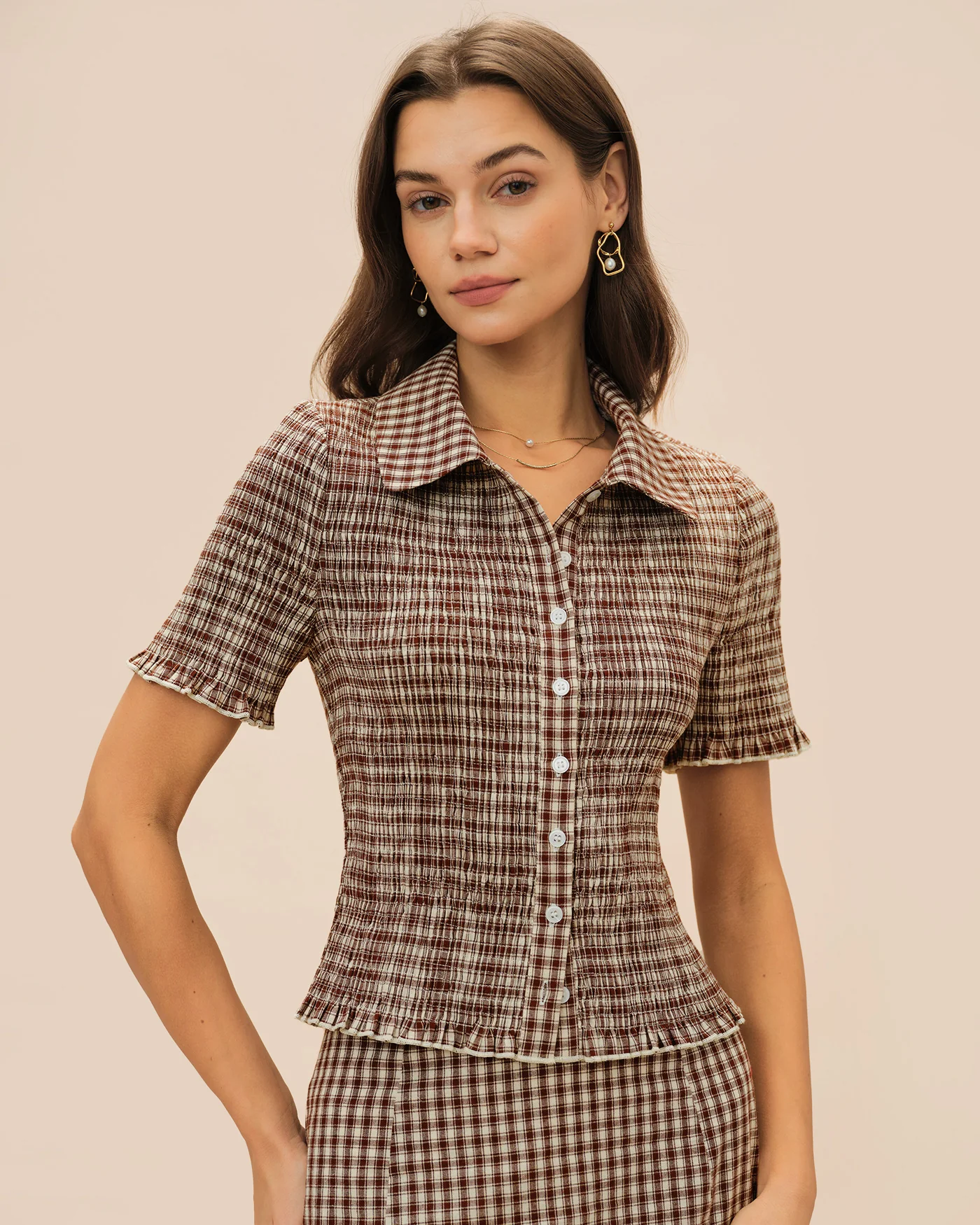 Brown Plaid Button Collar Blouse - Image 4