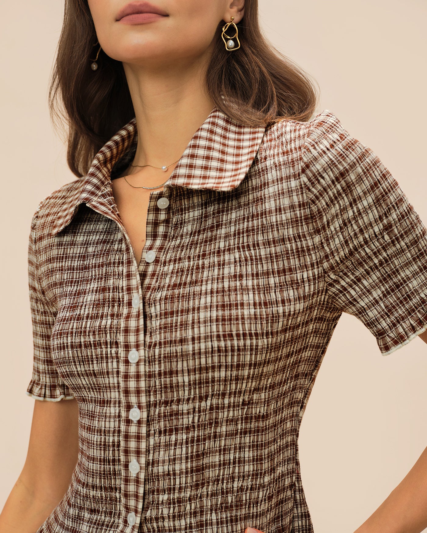 Brown Plaid Button Collar Blouse - Image 5
