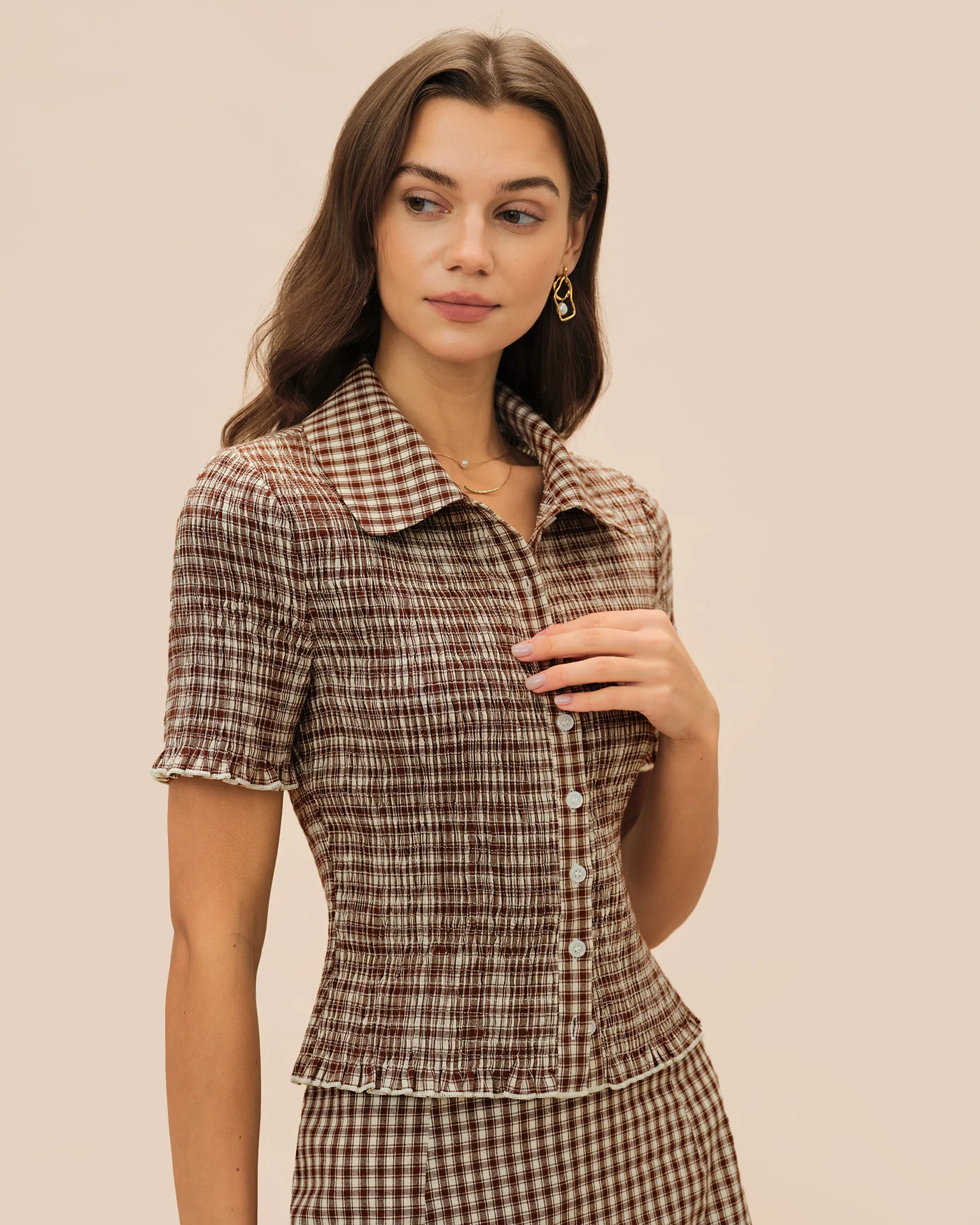 Brown Plaid Button Collar Blouse - Image 6