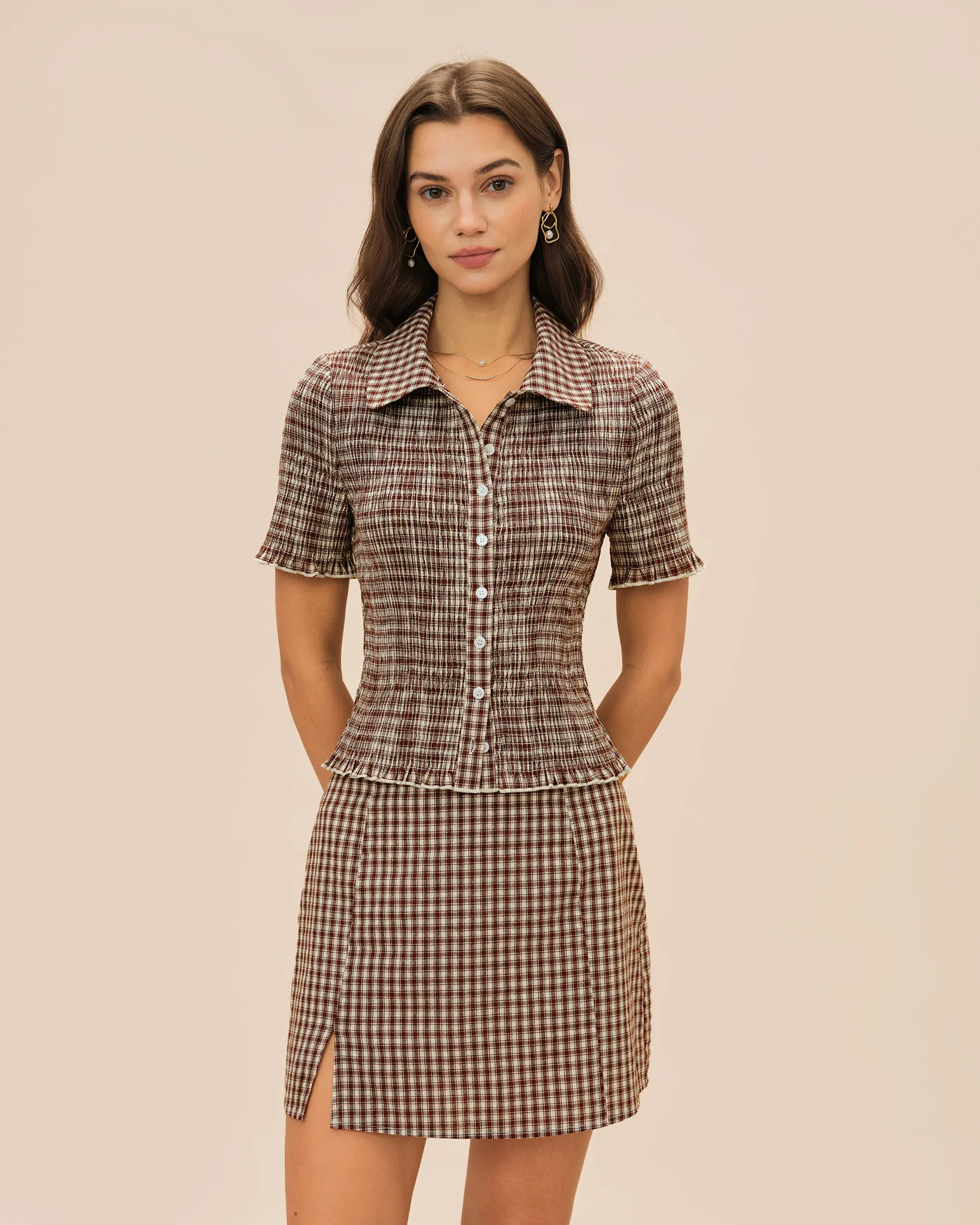 Brown Plaid Button Collar Blouse - Image 7