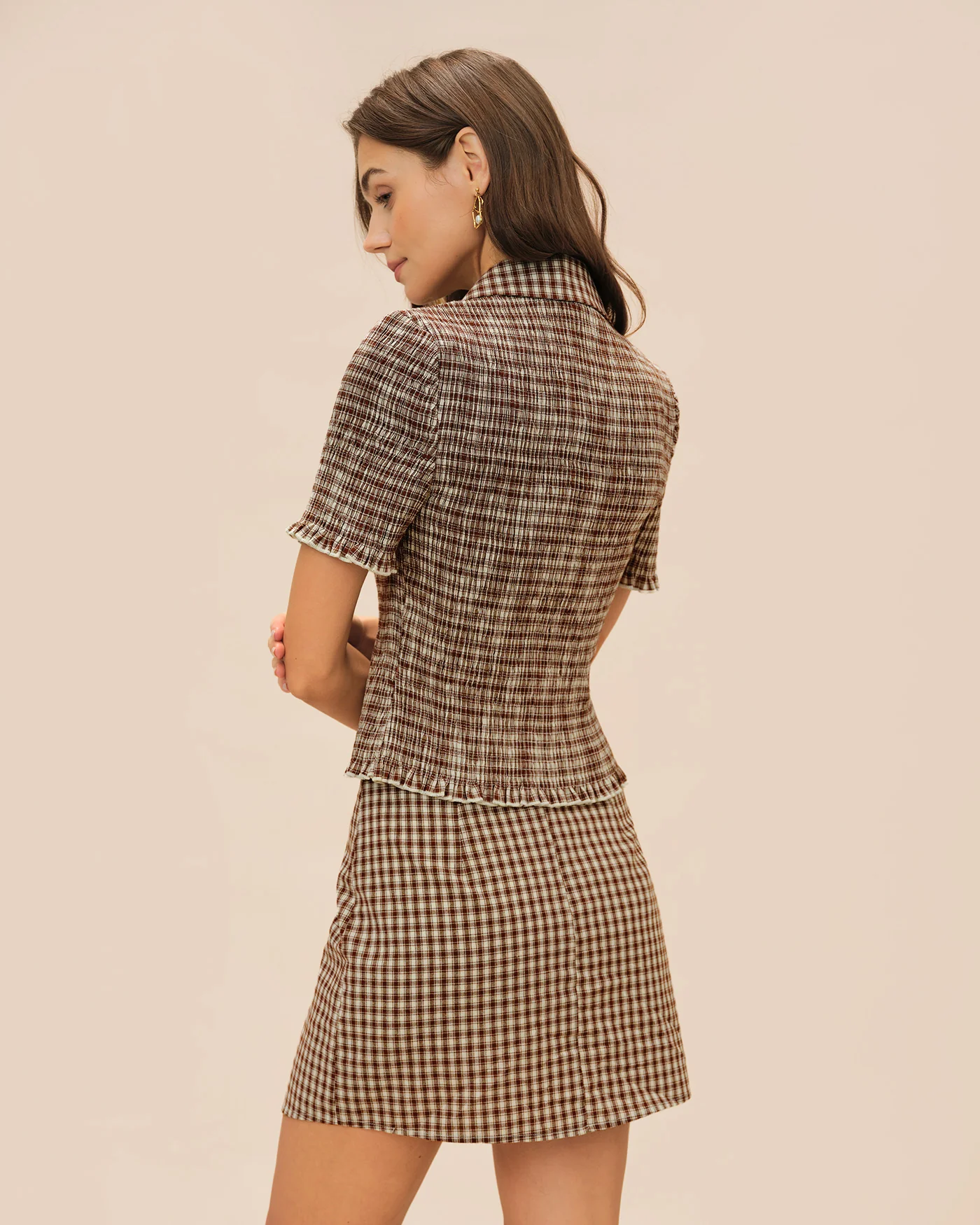 Brown Plaid Button Collar Blouse - Image 8