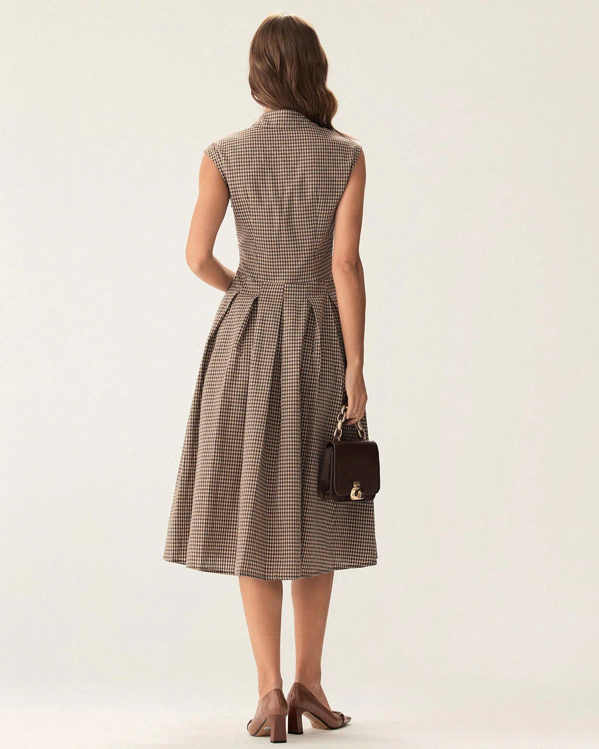 Brown Plaid Button Pleated Midi Dress - Image 5
