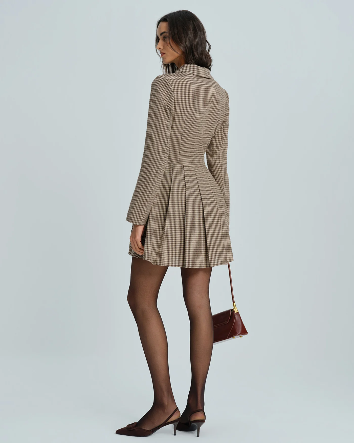 Brown Gingham Collar Cotton Mini Dress - Image 4