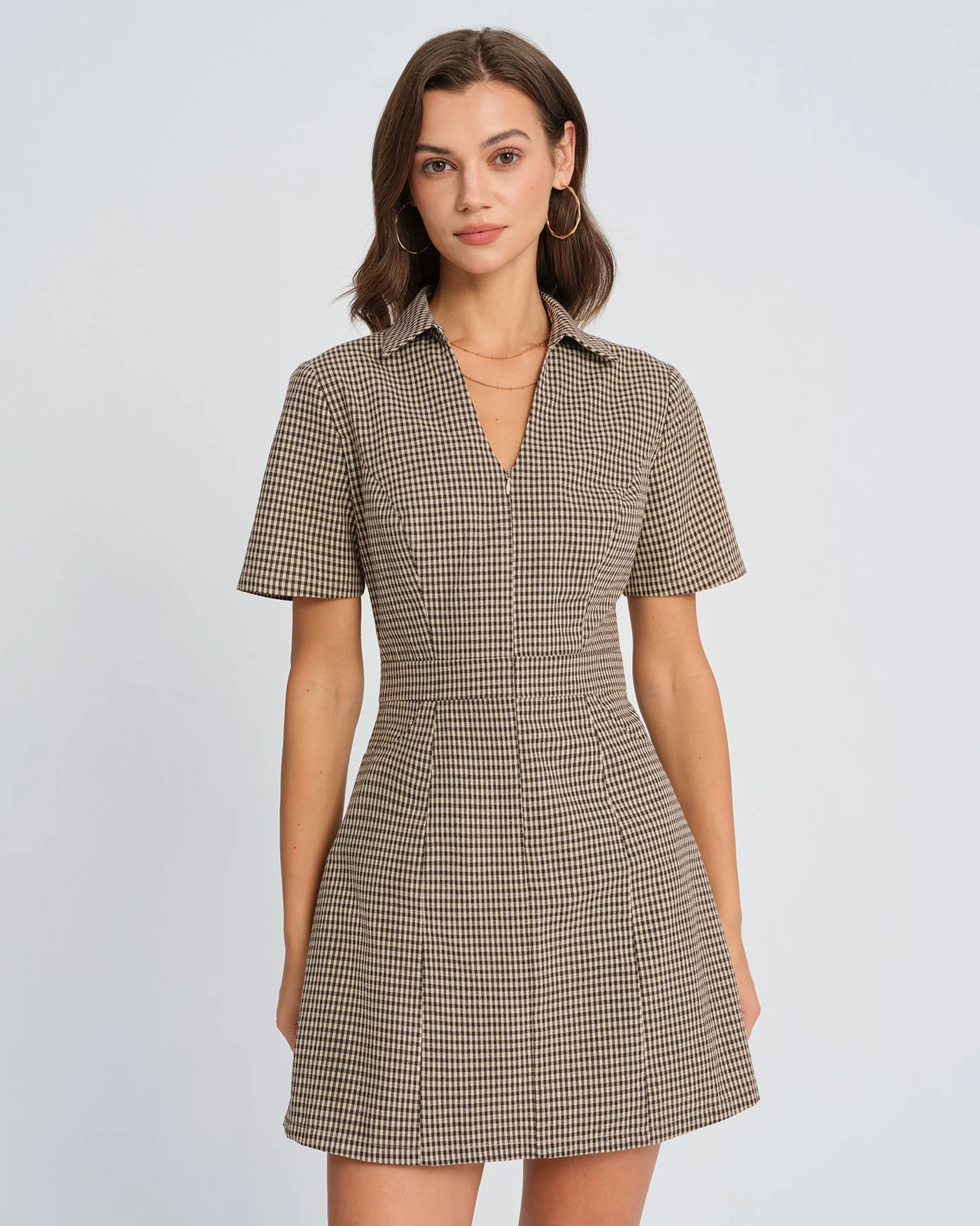 Brown Plaid Collar Mini Dress - Image 2