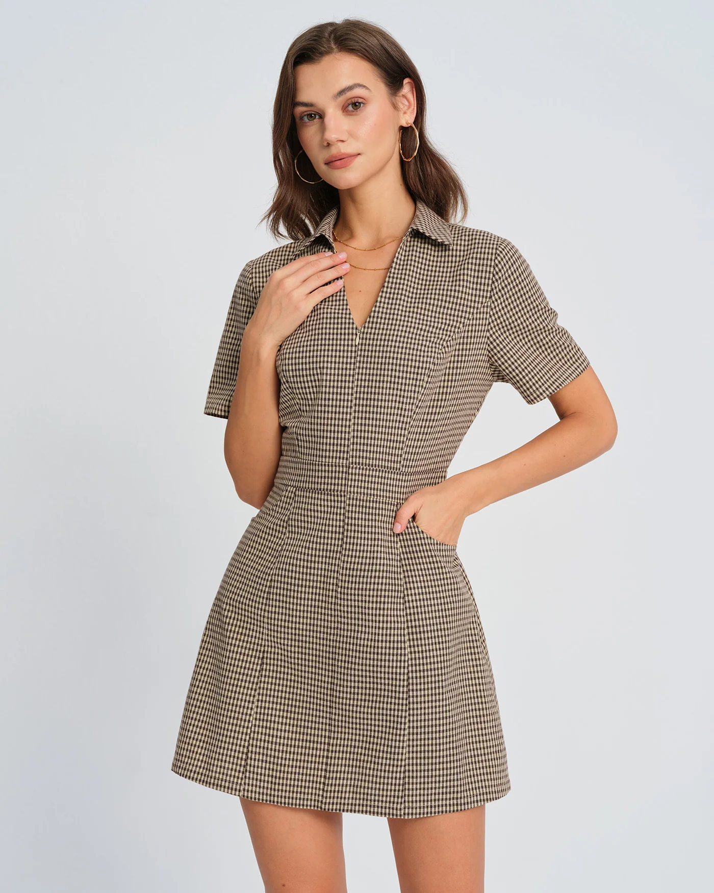 Brown Plaid Collar Mini Dress - Image 3