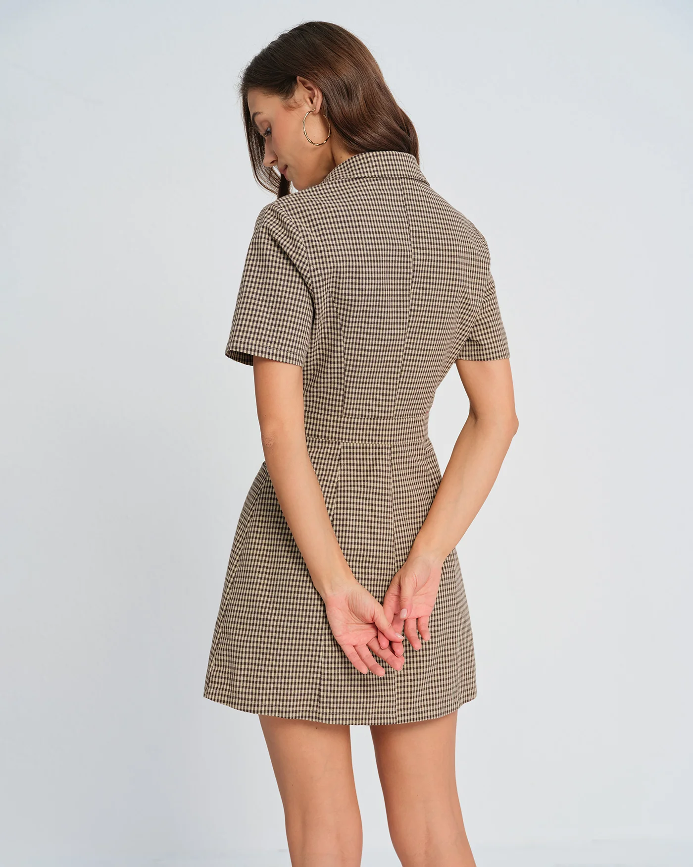 Brown Plaid Collar Mini Dress - Image 4