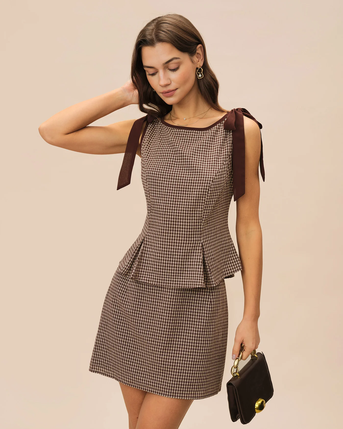 Brown Plaid Cotton Mini Skirt - Image 3