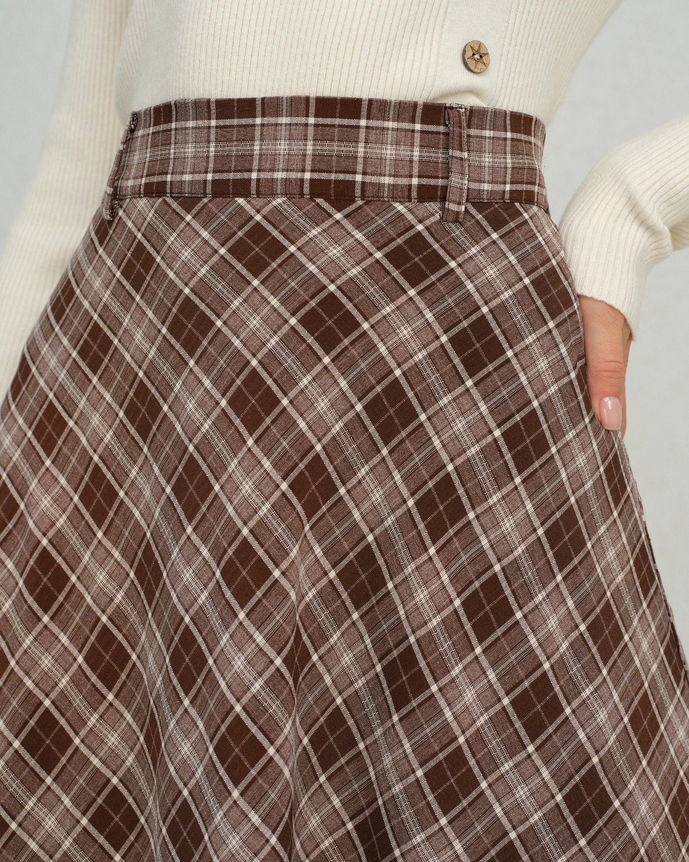 Brown Plaid Floral A-Line Midi Skirt - Image 2