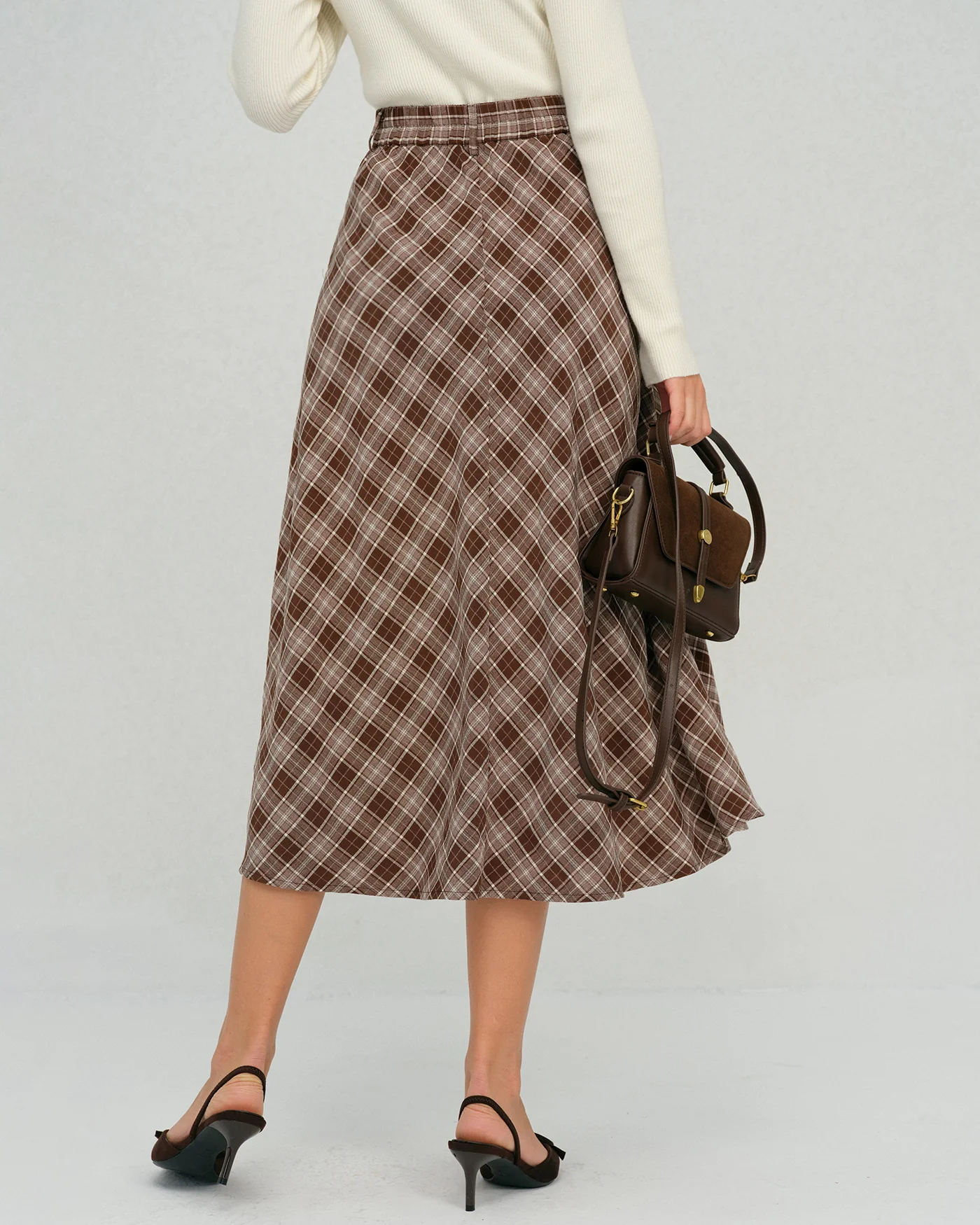 Brown Plaid Floral A-Line Midi Skirt - Image 3