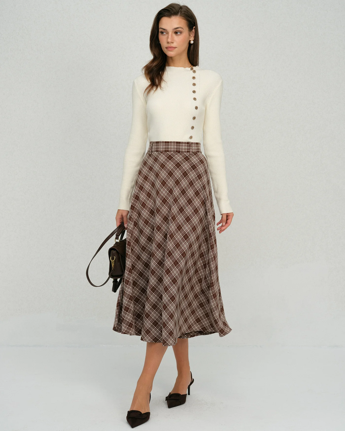 Brown Plaid Floral A-Line Midi Skirt - Image 4