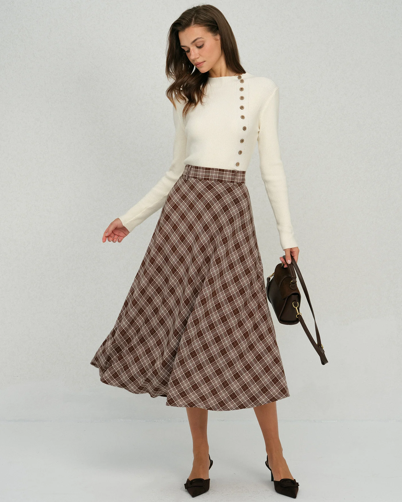 Brown Plaid Floral A-Line Midi Skirt - Image 5