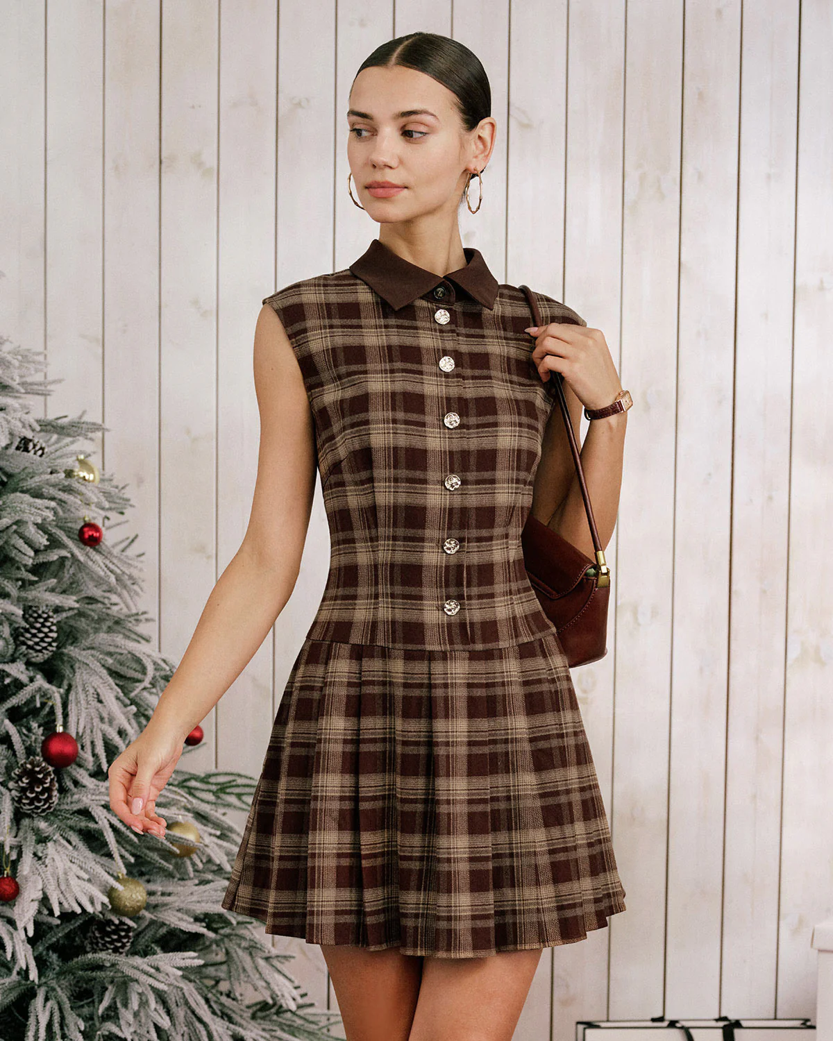 Brown Plaid Pleated Sleeveless Mini Dress - Image 2