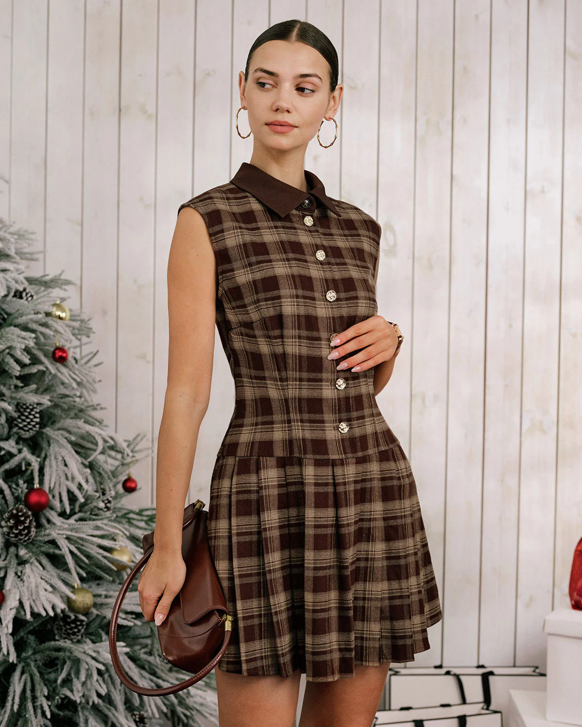 Brown Plaid Pleated Sleeveless Mini Dress - Image 3