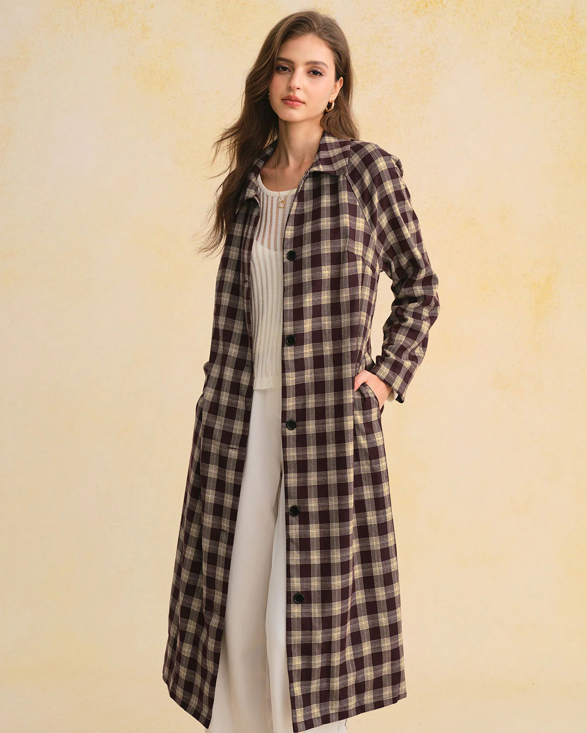 Brown Plaid Pocket Long Coat - Image 2