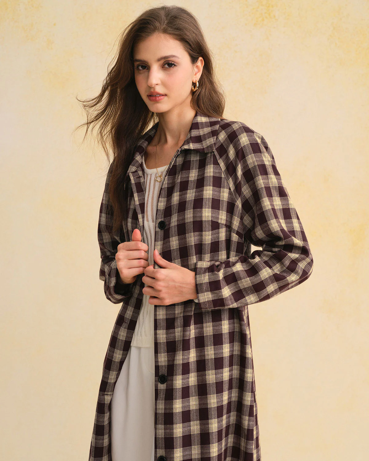 Brown Plaid Pocket Long Coat - Image 3