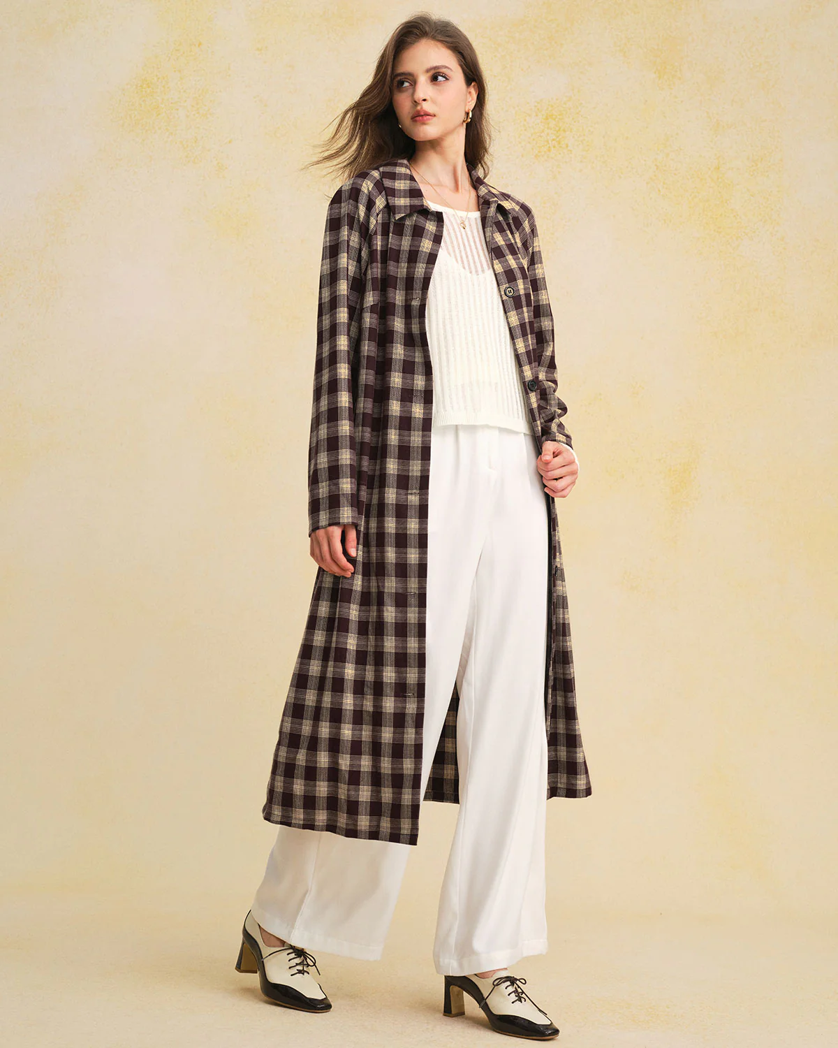 Brown Plaid Pocket Long Coat - Image 4