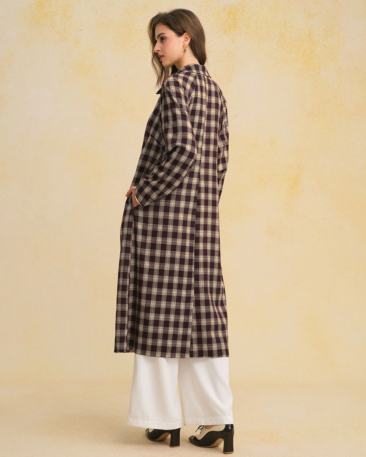 Brown Plaid Pocket Long Coat - Image 5
