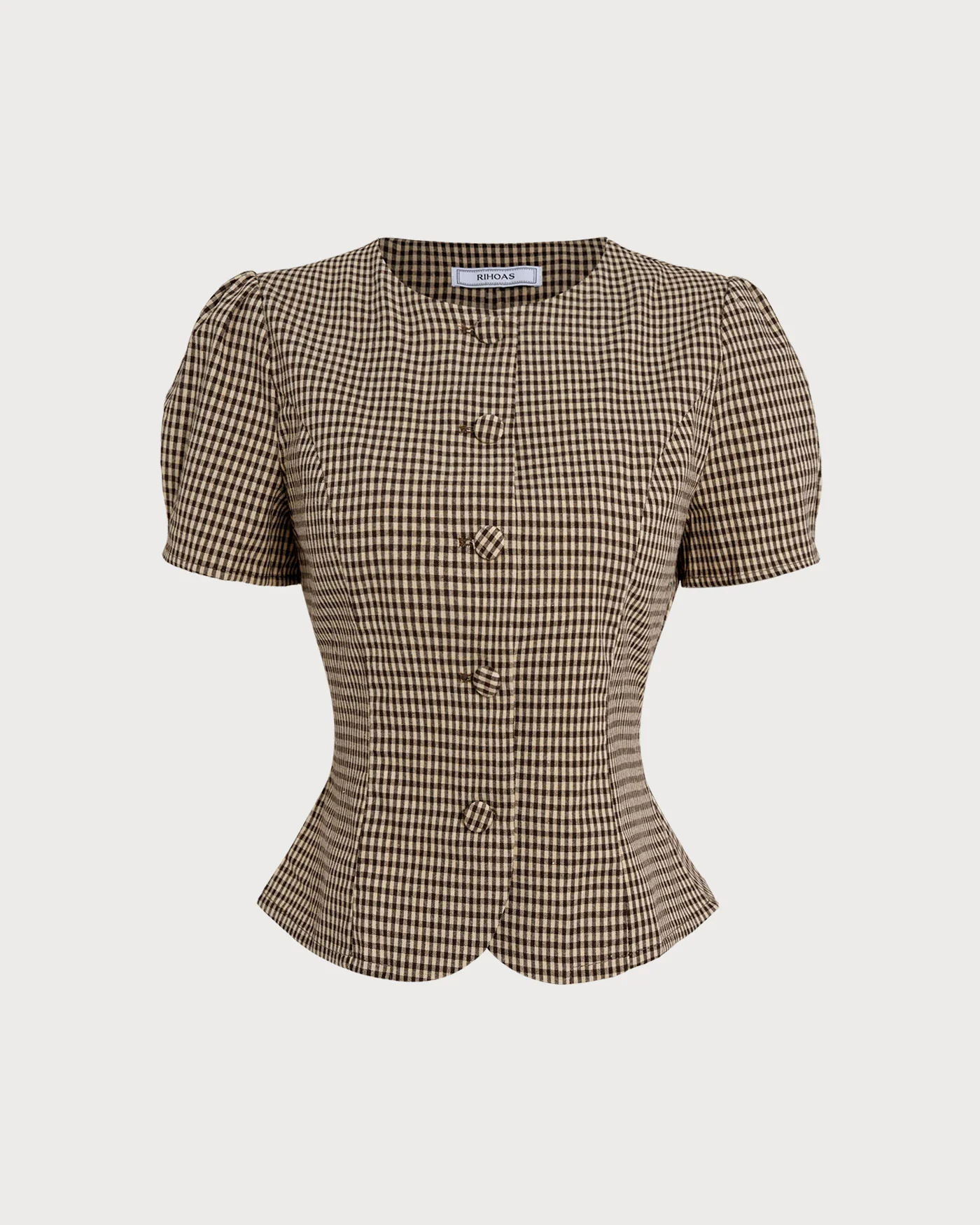 Brown Plaid Puffed Sleeve Blouse - Image 10