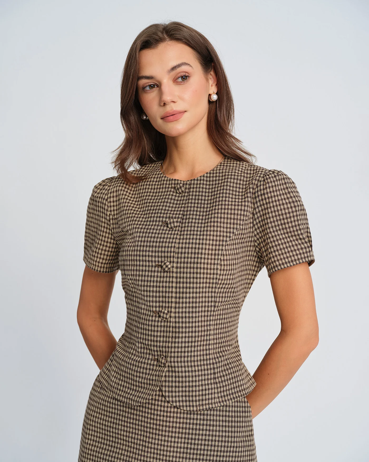 Brown Plaid Puffed Sleeve Blouse - Image 5