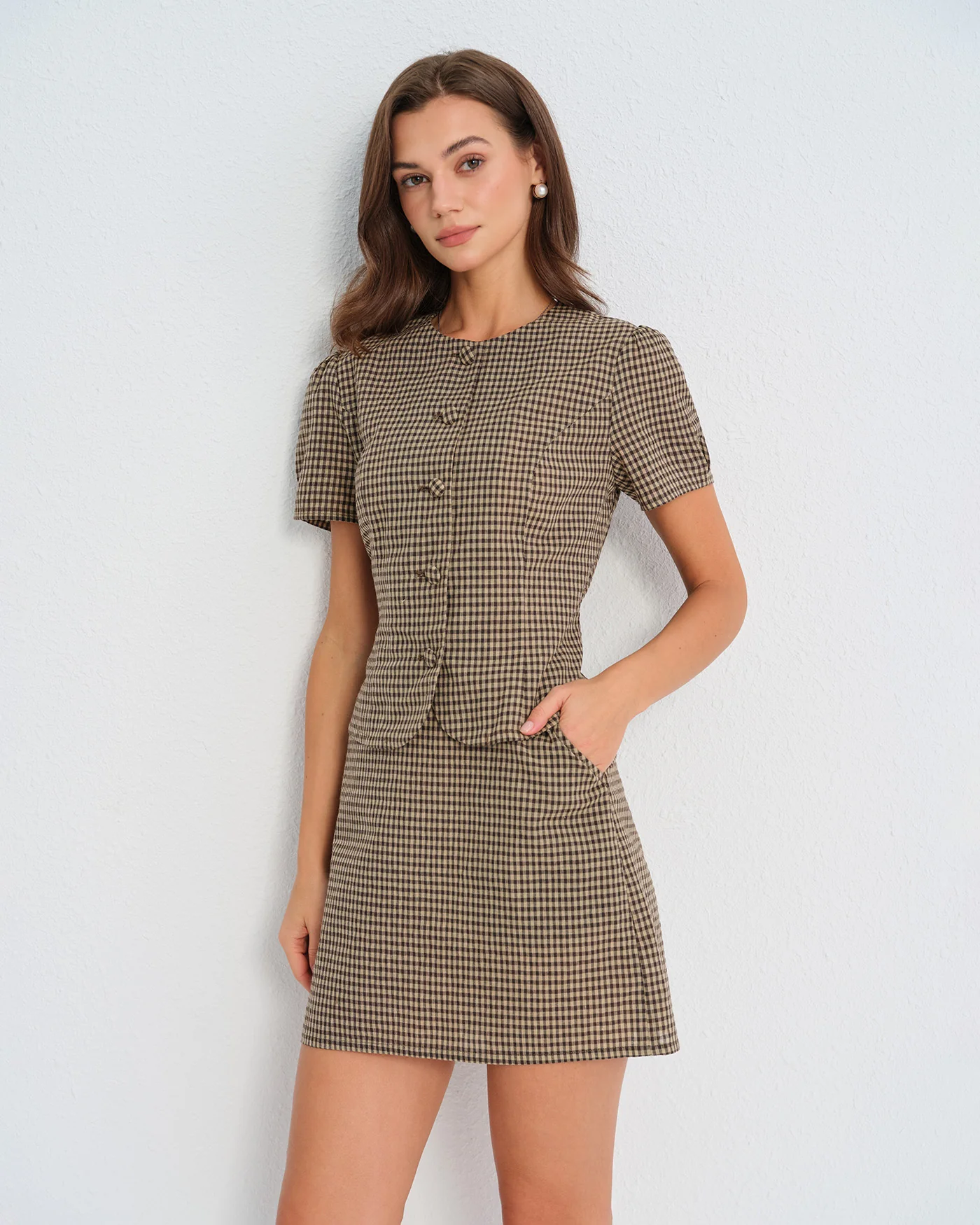 Brown Plaid Puffed Sleeve Blouse - Image 6