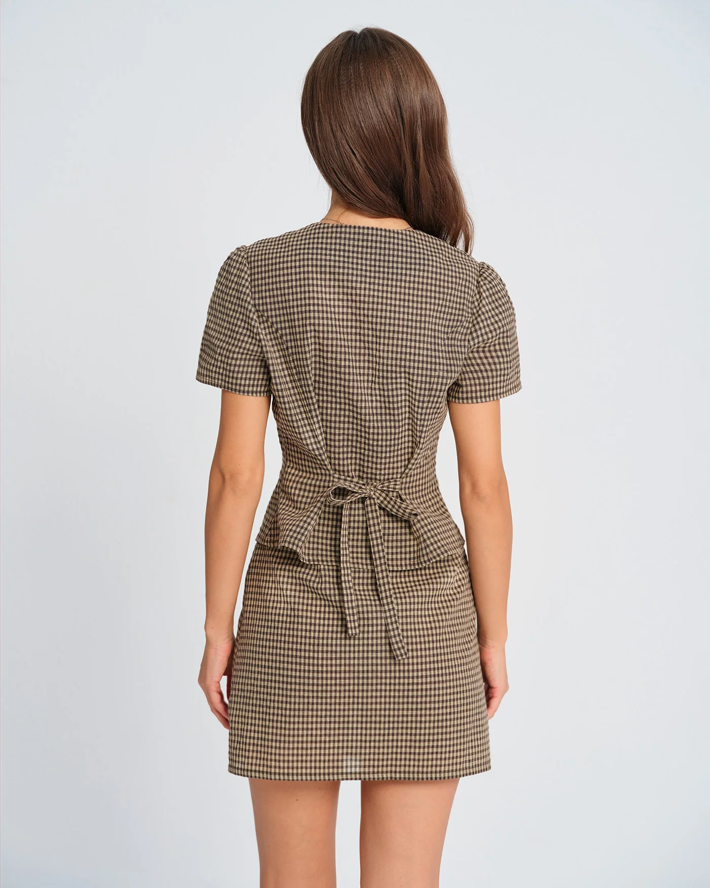 Brown Plaid Puffed Sleeve Blouse - Image 7