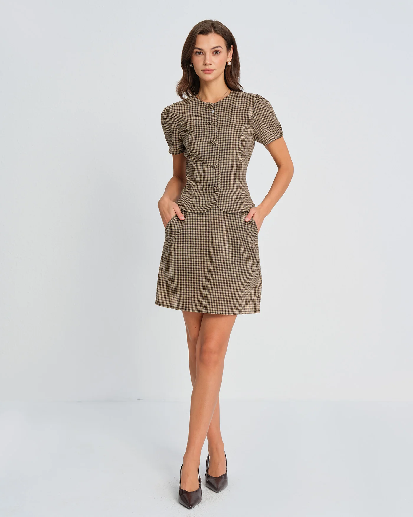 Brown Plaid Puffed Sleeve Blouse - Image 9