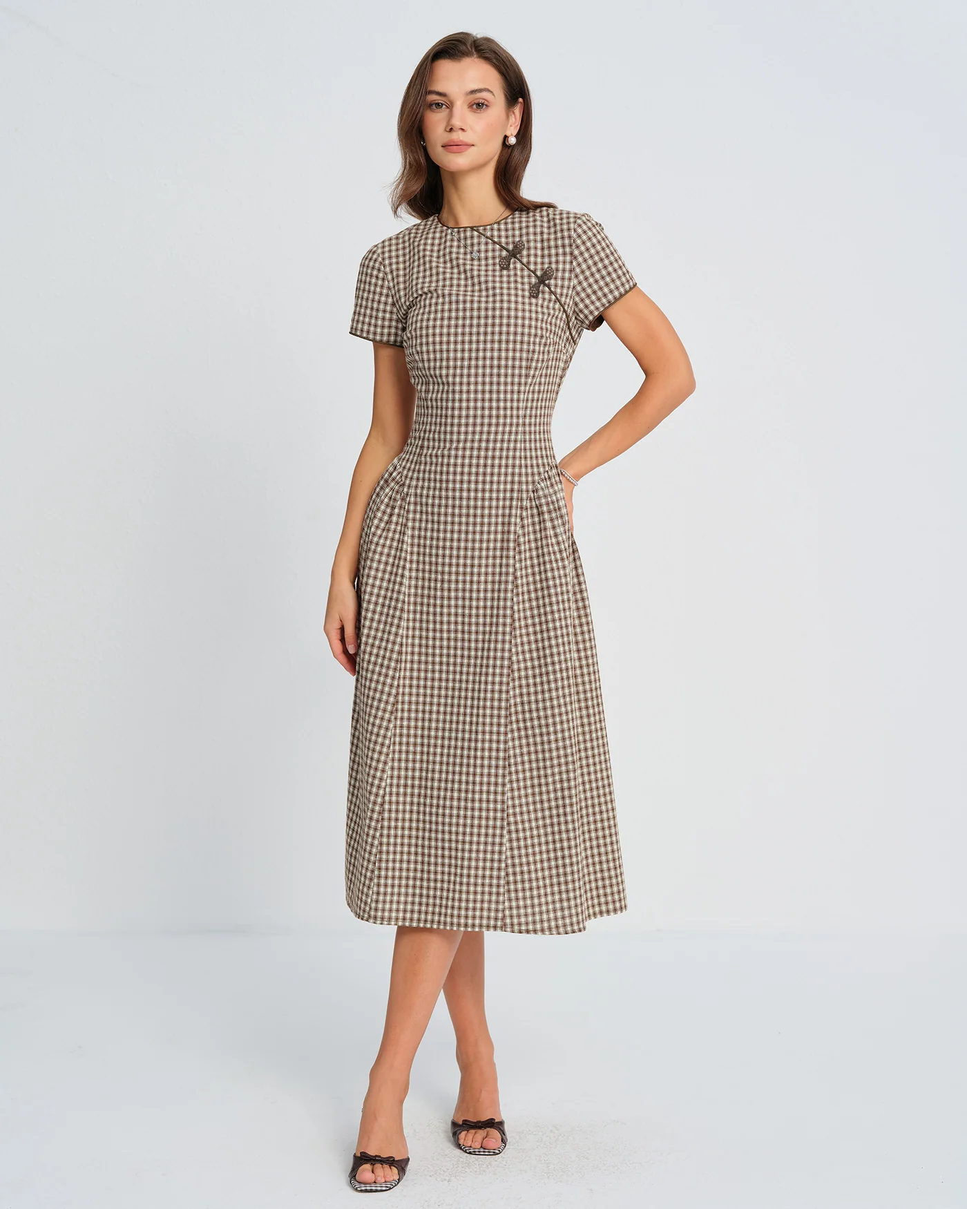 Brown Plaid Round Neck Midi Dress - Image 2