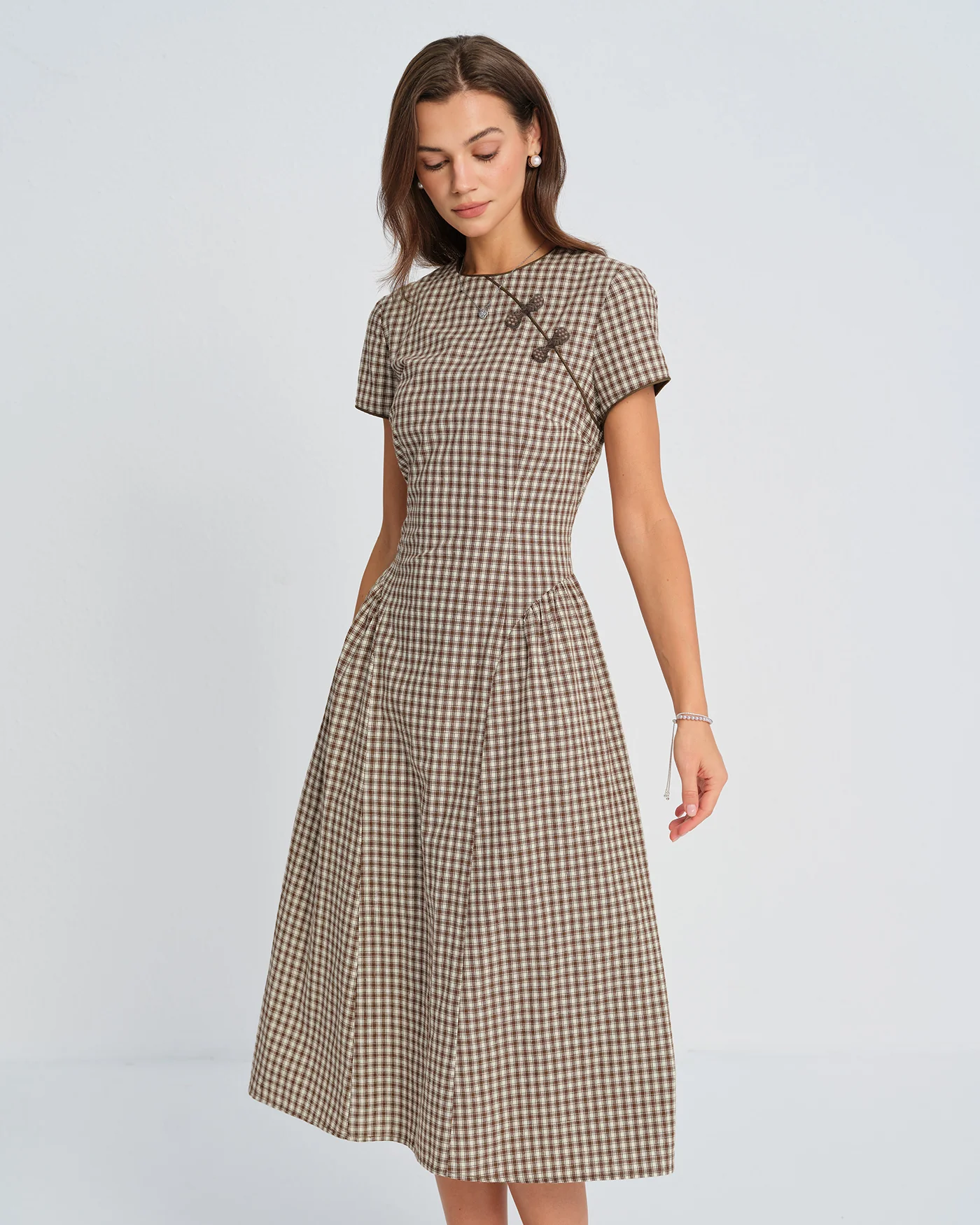Brown Plaid Round Neck Midi Dress - Image 3
