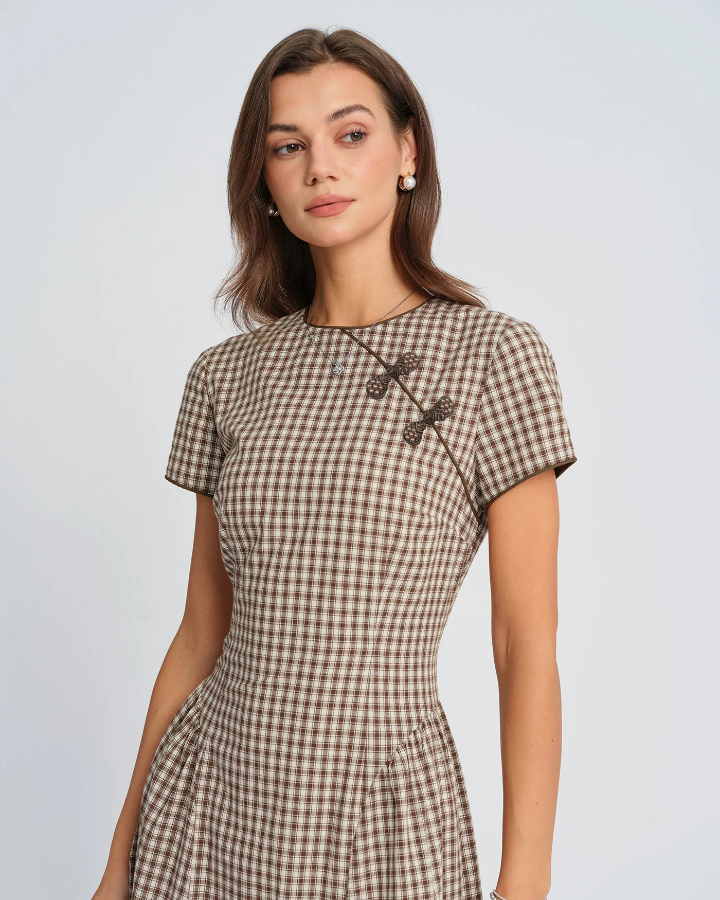 Brown Plaid Round Neck Midi Dress - Image 4