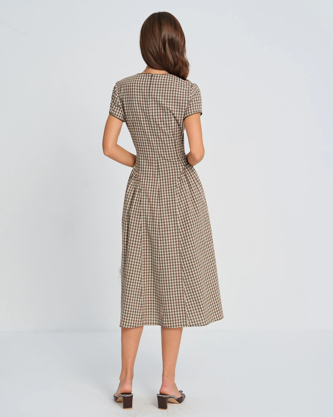 Brown Plaid Round Neck Midi Dress - Image 5