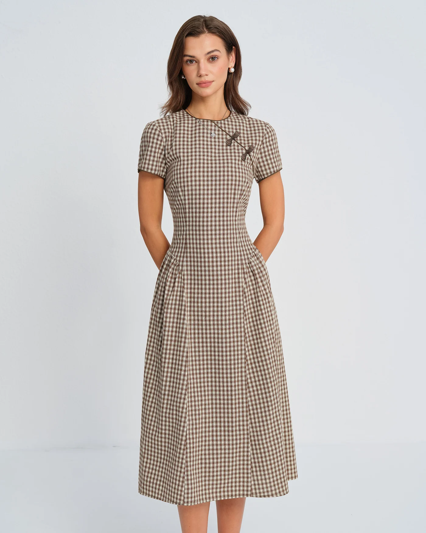 Brown Plaid Round Neck Midi Dress - Image 6