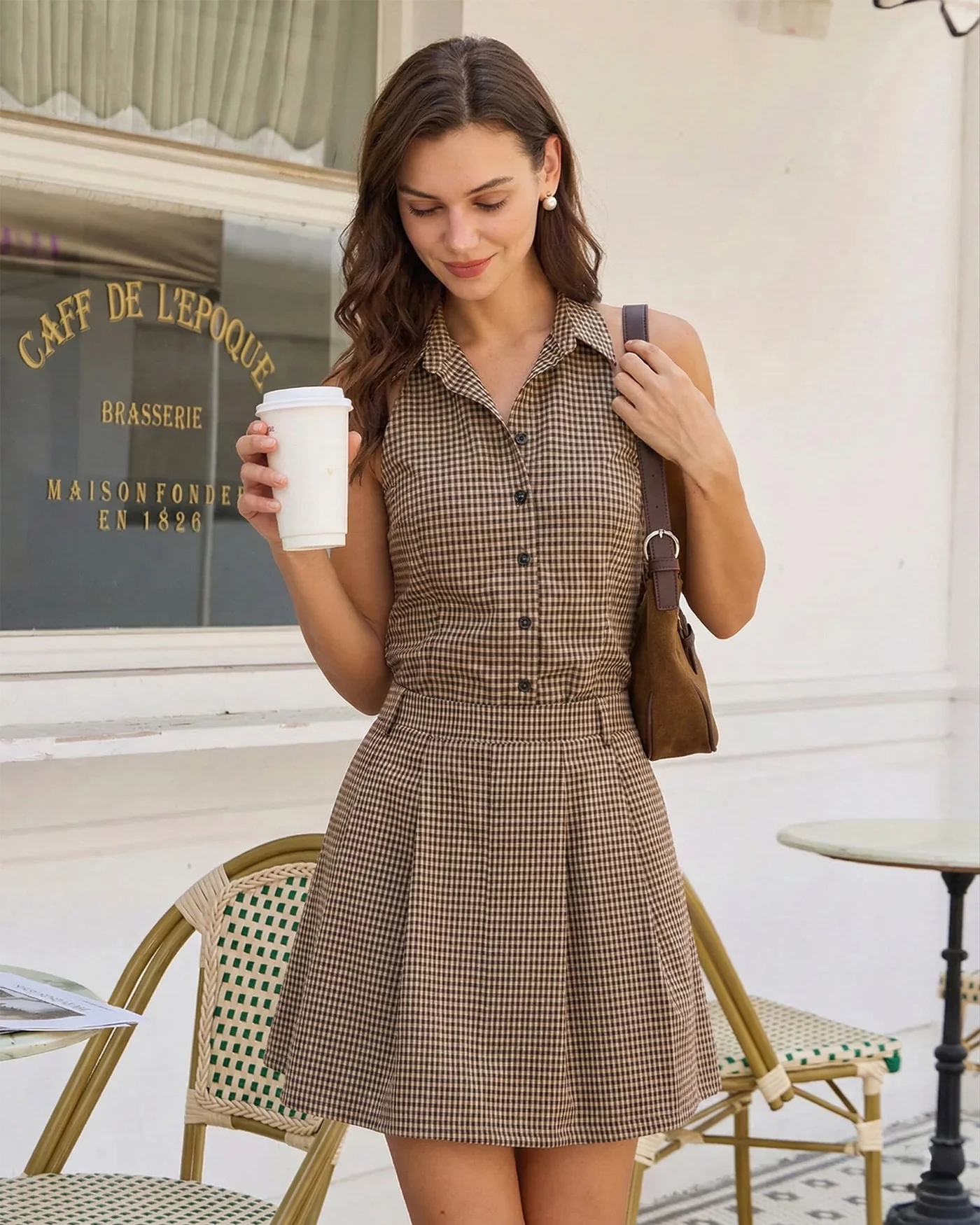 Brown Plaid Ruched Skirt - Image 2
