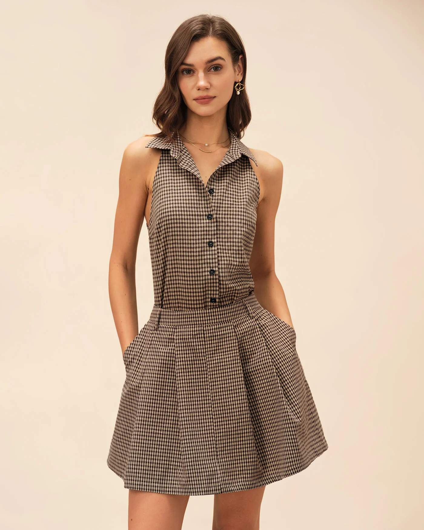 Brown Plaid Ruched Skirt - Image 8