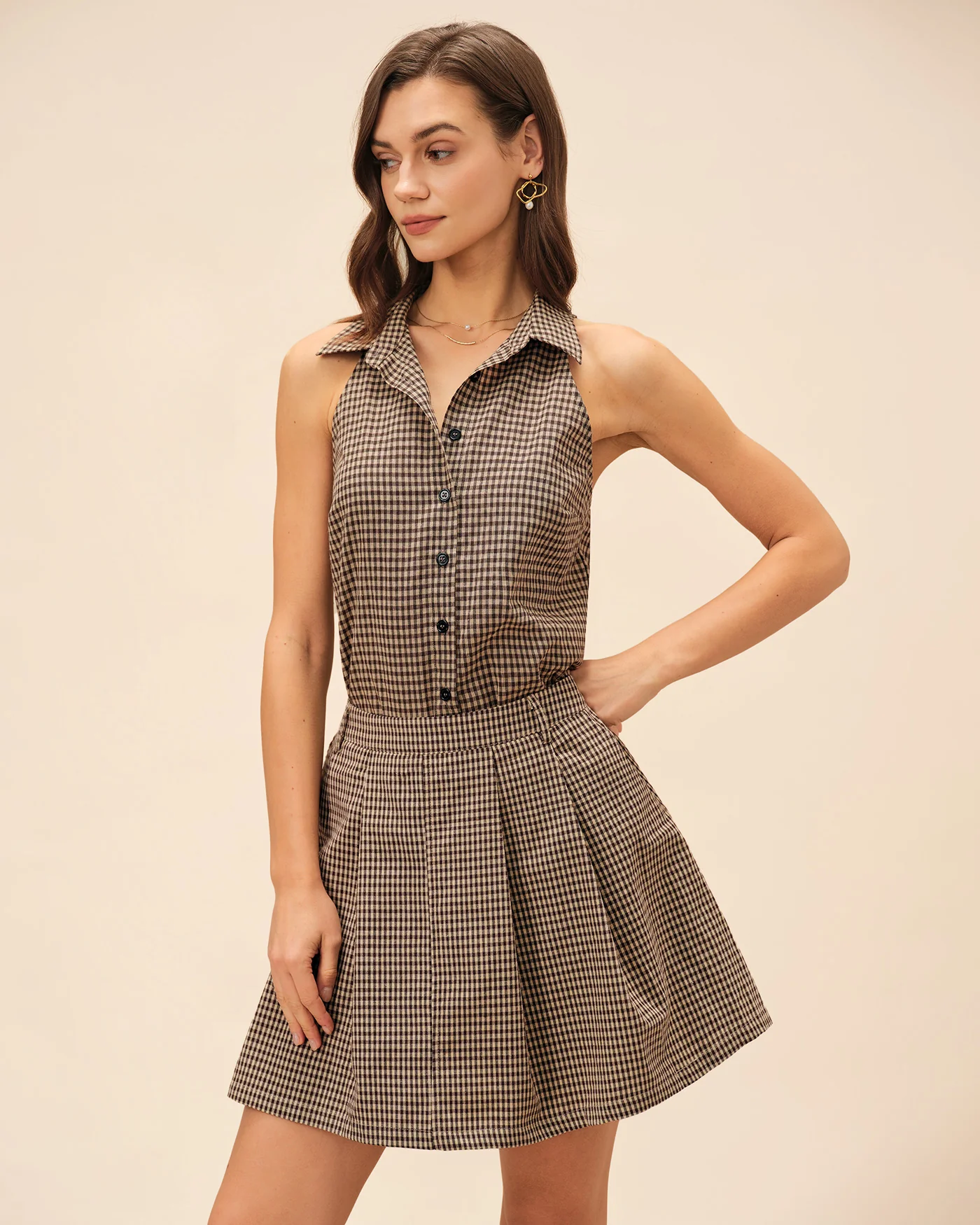 Brown Plaid Ruched Skirt - Image 9