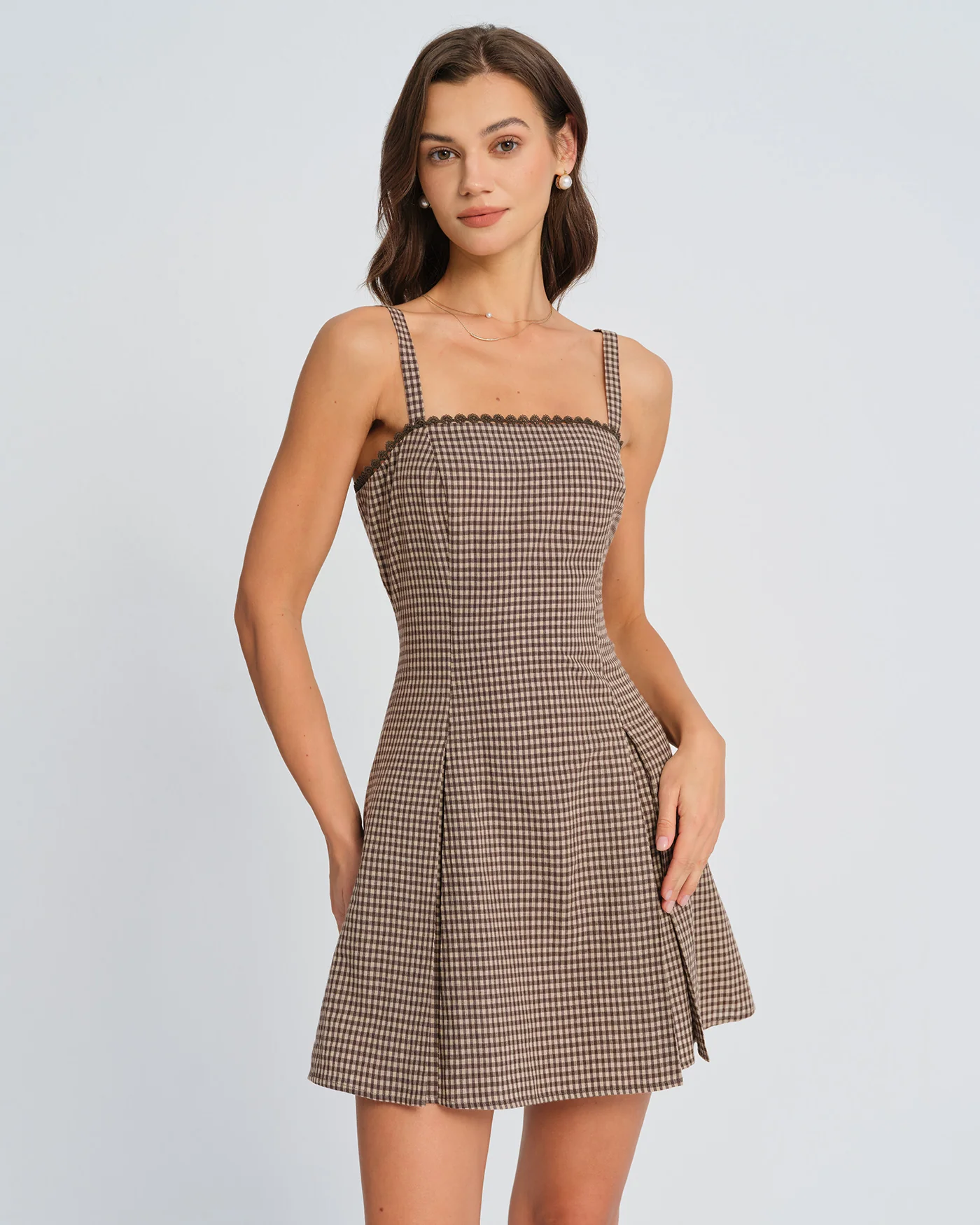 Brown Plaid Ruched Slip Mini Dress - Image 2