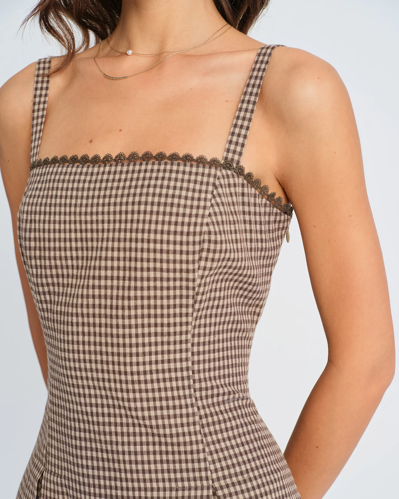 Brown Plaid Ruched Slip Mini Dress - Image 3