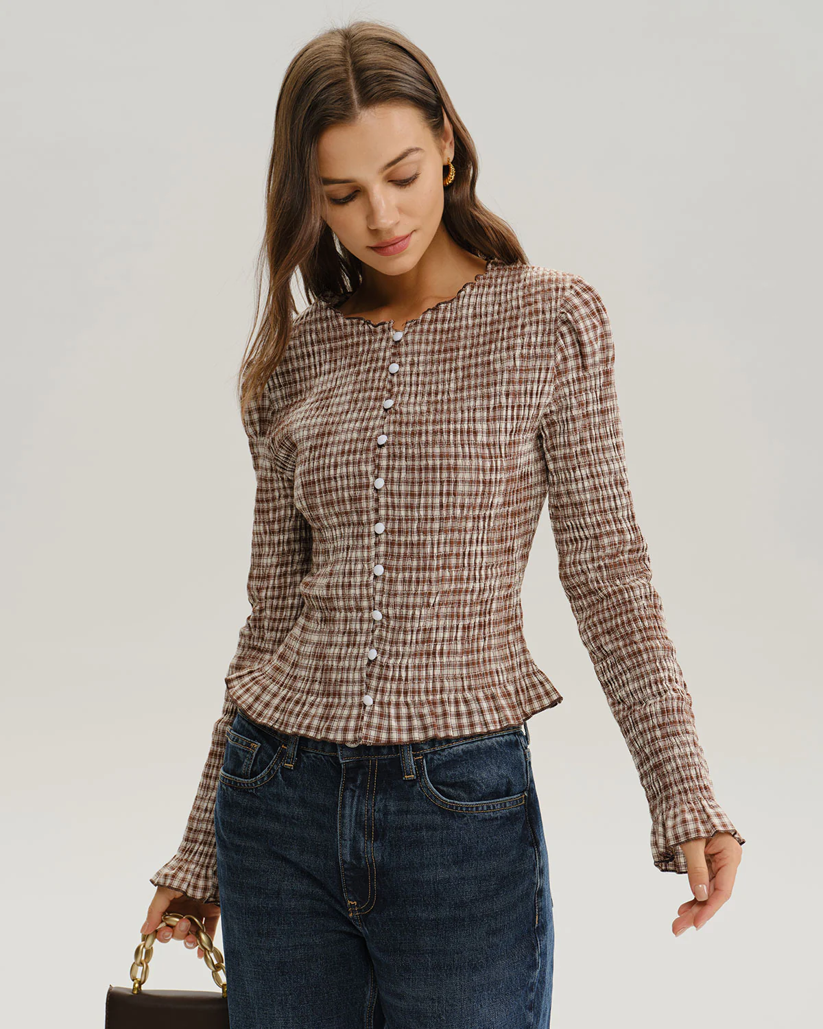 Brown Plaid Shirred Poet Sleeve Blouse - Image 3