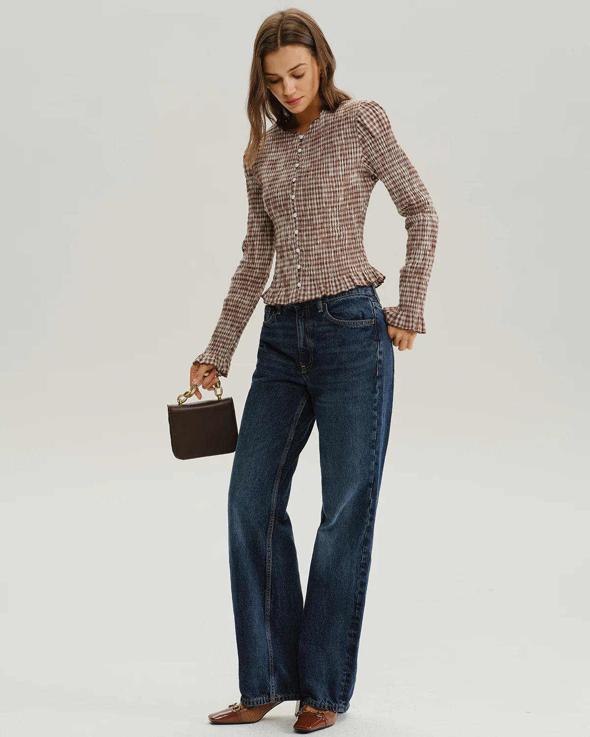 Brown Plaid Shirred Poet Sleeve Blouse - Image 4