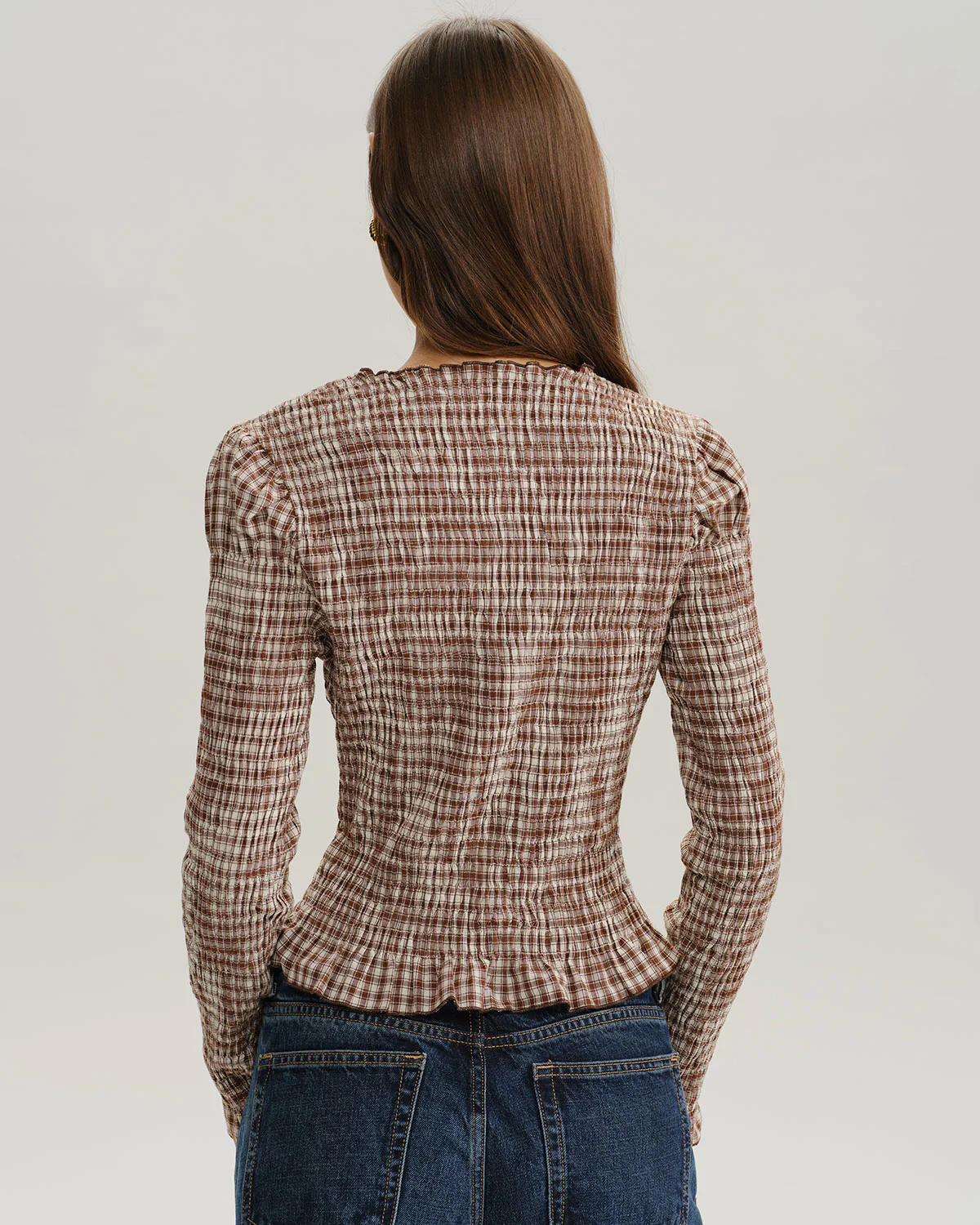Brown Plaid Shirred Poet Sleeve Blouse - Image 5