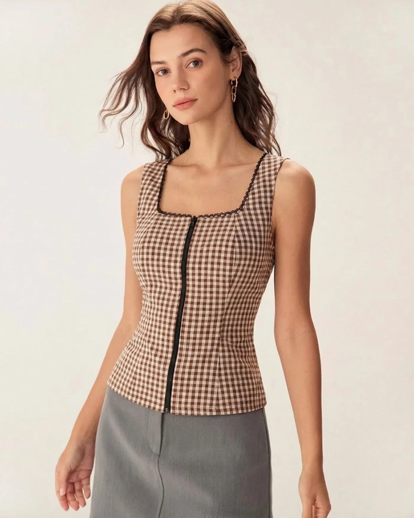 Brown Plaid Shirred Tank Top - Image 3