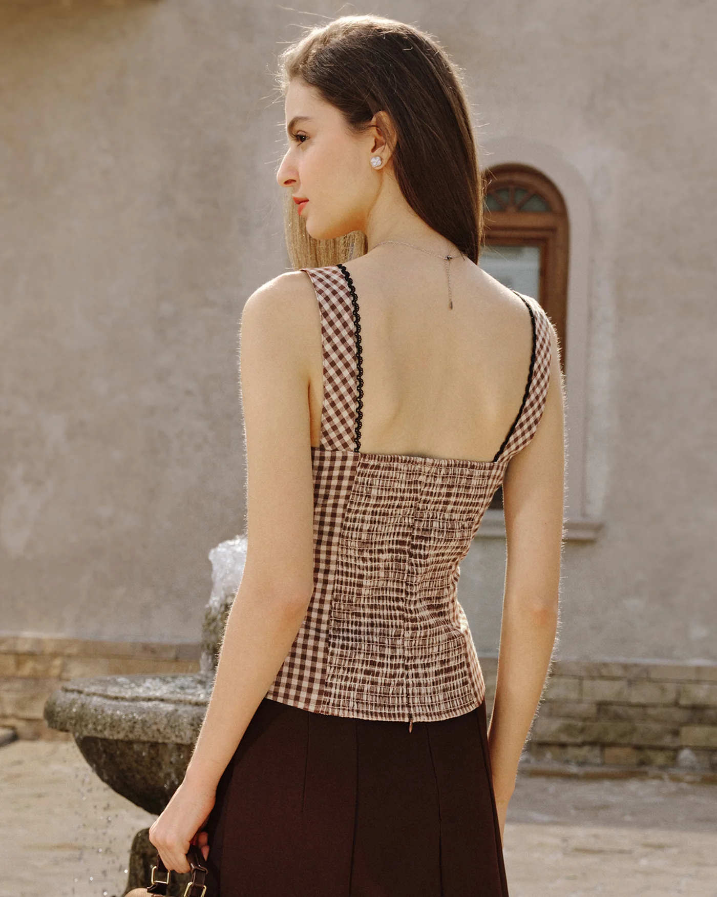Brown Plaid Shirred Tank Top - Image 5