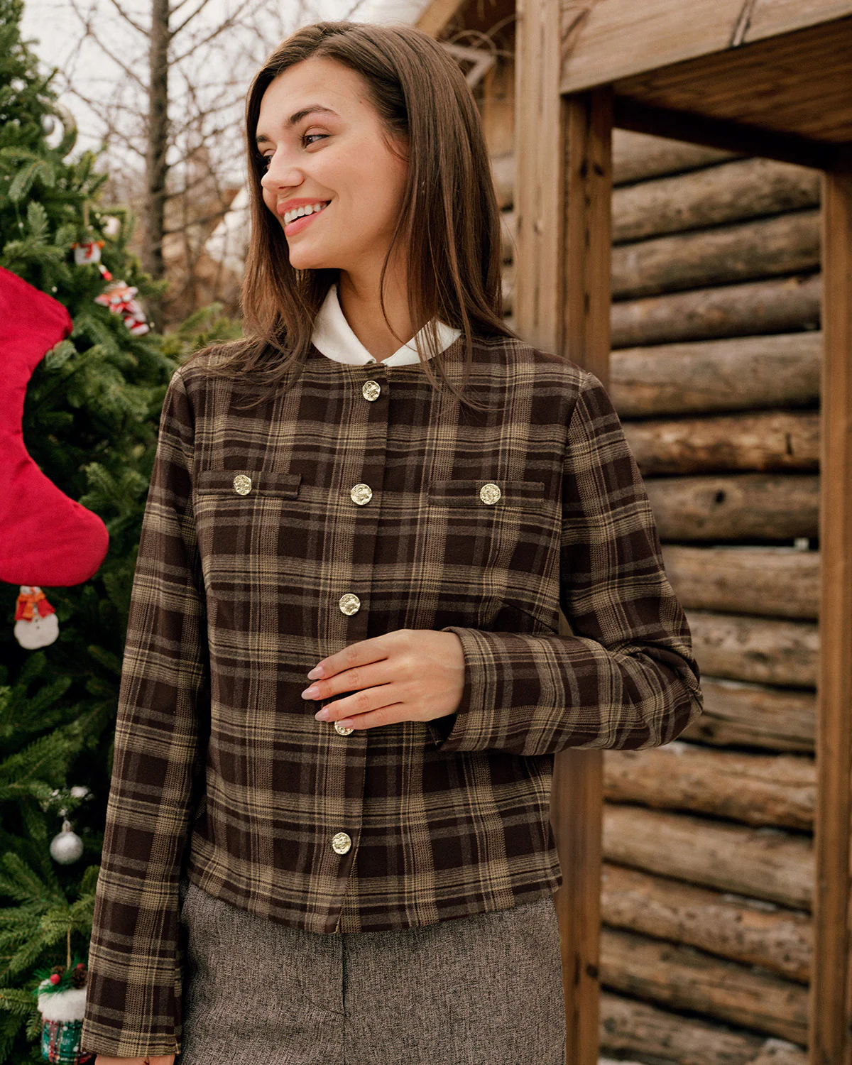 Brown Plaid Single Breasted Jacket - Image 2